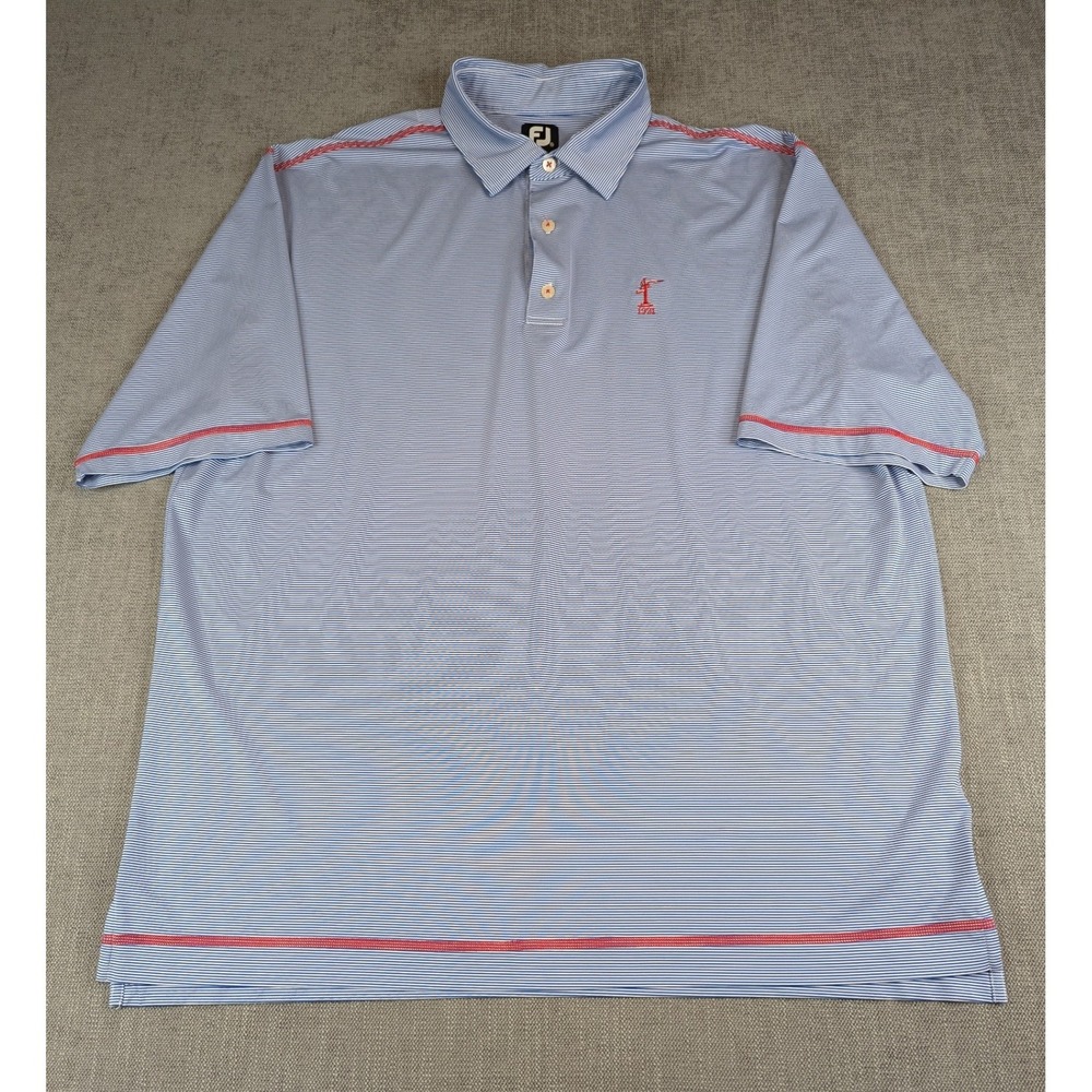 FootJoy Golf Polo Shirt Mens XXL Blue Striped Red Stitch Performance Stretch - Picture 2 of 7